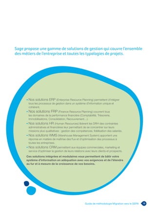 19Guide de méthodologie Migration vers le SEPA
Sage propose une gamme de solutions de gestion qui couvre l’ensemble
des métiers de l’entreprise et toutes les typologies de projets.
• Nos solutions ERP (Enterprise Resource Planning) permettent d’intégrer
tous les processus de gestion dans un système d’information unique et
cohérent.
• Nos solutions FRP (Finance Resource Planning) couvrent tous
les domaines de la performance financière (Comptabilité, Trésorerie,
Immobilisations, Consolidation, Recouvrement…).
• Nos solutions HR (Human Resources) libèrent les DRH des contraintes
administratives et financières leur permettant de se concentrer sur leurs
missions plus qualitatives : gestion des compétences, fidélisation des salariés.
• Nos solutions WMS (Warehouse Management System) apportent une
réponse en matière de maîtrise des flux et d’optimisation des processus à
toutes les entreprises.
• Nos solutions CRM permettent aux équipes commerciales, marketing et
service d’optimiser la gestion de leurs relations avec leurs clients et prospects.
Ces solutions intégrées et modulaires vous permettent de bâtir votre
système d’information en adéquation avec vos exigences et de l’étendre
au fur et à mesure de la croissance de vos besoins.
 