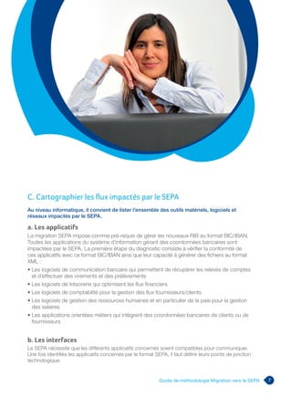 7Guide de méthodologie Migration vers le SEPA
a. Les applicatifs
La migration SEPA impose comme pré-requis de gérer les nouveaux RIB au format BIC/IBAN.
Toutes les applications du système d’information gérant des coordonnées bancaires sont
impactées par le SEPA. La première étape du diagnostic consiste à vérifier la conformité de
ces applicatifs avec ce format BIC/IBAN ainsi que leur capacité à générer des fichiers au format
XML :
• Les logiciels de communication bancaire qui permettent de récupérer les relevés de comptes
et d’effectuer des virements et des prélèvements
• Les logiciels de trésorerie qui optimisent les flux financiers
• Les logiciels de comptabilité pour la gestion des flux fournisseurs/clients
• Les logiciels de gestion des ressources humaines et en particulier de la paie pour la gestion
des salaires
• Les applications orientées métiers qui intègrent des coordonnées bancaires de clients ou de
fournisseurs
b. Les interfaces
Le SEPA nécessite que les différents applicatifs concernés soient compatibles pour communiquer.
Une fois identifiés les applicatifs concernés par le format SEPA, il faut définir leurs points de jonction
technologique.
Au niveau informatique, il convient de lister l’ensemble des outils matériels, logiciels et
réseaux impactés par le SEPA.
C. Cartographier les flux impactés par le SEPA
 