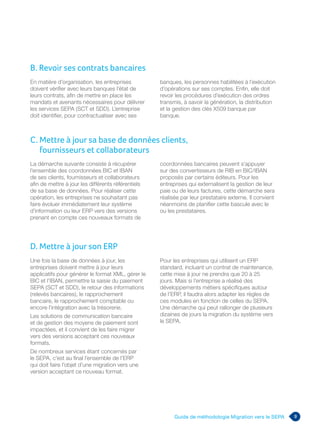 La démarche suivante consiste à récupérer
l’ensemble des coordonnées BIC et IBAN
de ses clients, fournisseurs et collaborateurs
afin de mettre à jour les différents référentiels
de sa base de données. Pour réaliser cette
opération, les entreprises ne souhaitant pas
faire évoluer immédiatement leur système
d’information ou leur ERP vers des versions
prenant en compte ces nouveaux formats de
coordonnées bancaires peuvent s’appuyer
sur des convertisseurs de RIB en BIC/IBAN
proposés par certains éditeurs. Pour les
entreprises qui externalisent la gestion de leur
paie ou de leurs factures, cette démarche sera
réalisée par leur prestataire externe. Il convient
néanmoins de planifier cette bascule avec le
ou les prestataires.
Une fois la base de données à jour, les
entreprises doivent mettre à jour leurs
applicatifs pour générer le format XML, gérer le
BIC et l’IBAN, permettre la saisie du paiement
SEPA (SCT et SDD), le retour des informations
(relevés bancaires), le rapprochement
bancaire, le rapprochement comptable ou
encore l’intégration avec la trésorerie.
Les solutions de communication bancaire
et de gestion des moyens de paiement sont
impactées, et il convient de les faire migrer
vers des versions acceptant ces nouveaux
formats.
De nombreux services étant concernés par
le SEPA, c’est au final l’ensemble de l’ERP
qui doit faire l’objet d’une migration vers une
version acceptant ce nouveau format.
Pour les entreprises qui utilisent un ERP
standard, incluant un contrat de maintenance,
cette mise à jour ne prendra que 20 à 25
jours. Mais si l’entreprise a réalisé des
développements métiers spécifiques autour
de l’ERP, il faudra alors adapter les règles de
ces modules en fonction de celles du SEPA.
Une démarche qui peut rallonger de plusieurs
dizaines de jours la migration du système vers
le SEPA.
En matière d’organisation, les entreprises
doivent vérifier avec leurs banques l’état de
leurs contrats, afin de mettre en place les
mandats et avenants nécessaires pour délivrer
les services SEPA (SCT et SDD). L’entreprise
doit identifier, pour contractualiser avec ses
banques, les personnes habilitées à l’exécution
d’opérations sur ses comptes. Enfin, elle doit
revoir les procédures d’exécution des ordres
transmis, à savoir la génération, la distribution
et la gestion des clés X509 banque par
banque.
B. Revoir ses contrats bancaires
9Guide de méthodologie Migration vers le SEPA
C. Mettre à jour sa base de données clients,
fournisseurs et collaborateurs
D. Mettre à jour son ERP
 