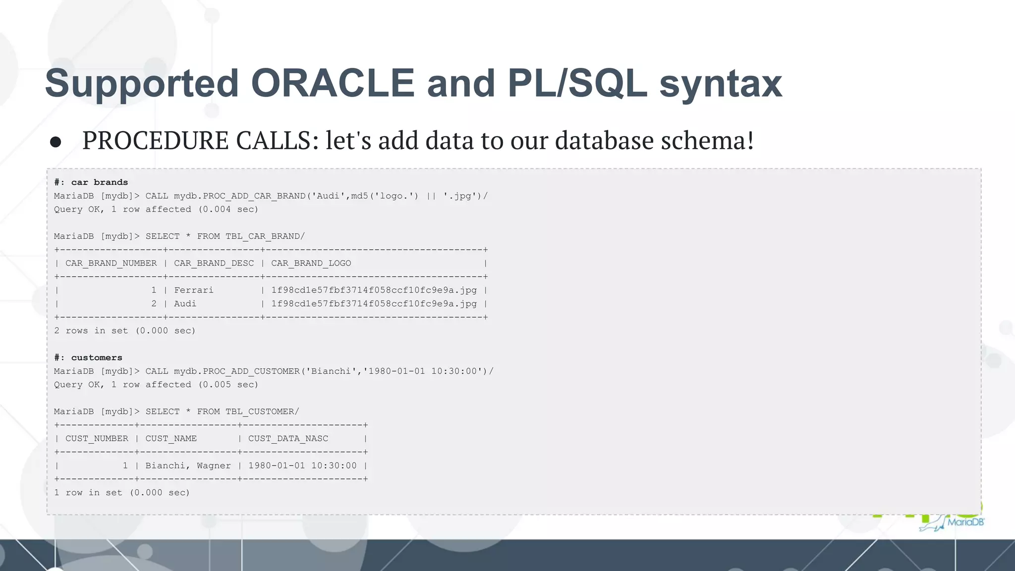 Supported ORACLE and PL/SQL syntax
● PROCEDURE CALLS: let's add data to our database schema!
#: car brands
MariaDB [mydb]> CALL mydb.PROC_ADD_CAR_BRAND('Audi',md5('logo.') || '.jpg')/
Query OK, 1 row affected (0.004 sec)
MariaDB [mydb]> SELECT * FROM TBL_CAR_BRAND/
+------------------+----------------+--------------------------------------+
| CAR_BRAND_NUMBER | CAR_BRAND_DESC | CAR_BRAND_LOGO |
+------------------+----------------+--------------------------------------+
| 1 | Ferrari | 1f98cd1e57fbf3714f058ccf10fc9e9a.jpg |
| 2 | Audi | 1f98cd1e57fbf3714f058ccf10fc9e9a.jpg |
+------------------+----------------+--------------------------------------+
2 rows in set (0.000 sec)
#: customers
MariaDB [mydb]> CALL mydb.PROC_ADD_CUSTOMER('Bianchi','1980-01-01 10:30:00')/
Query OK, 1 row affected (0.005 sec)
MariaDB [mydb]> SELECT * FROM TBL_CUSTOMER/
+-------------+-----------------+---------------------+
| CUST_NUMBER | CUST_NAME | CUST_DATA_NASC |
+-------------+-----------------+---------------------+
| 1 | Bianchi, Wagner | 1980-01-01 10:30:00 |
+-------------+-----------------+---------------------+
1 row in set (0.000 sec)
 