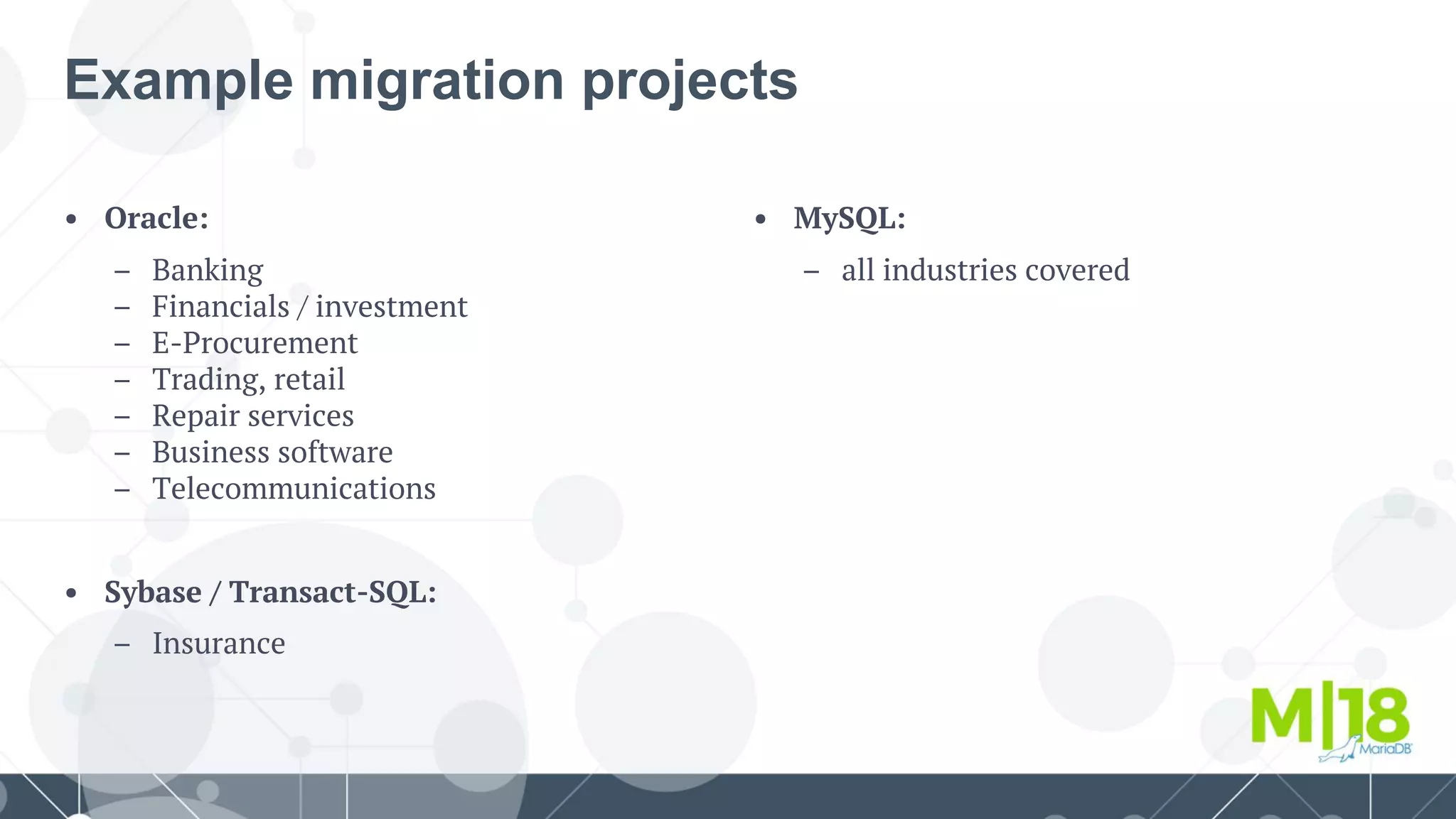 • MySQL:
– all industries covered
• Oracle:
– Banking
– Financials / investment
– E-Procurement
– Trading, retail
– Repair services
– Business software
– Telecommunications
• Sybase / Transact-SQL:
– Insurance
Example migration projects
 
