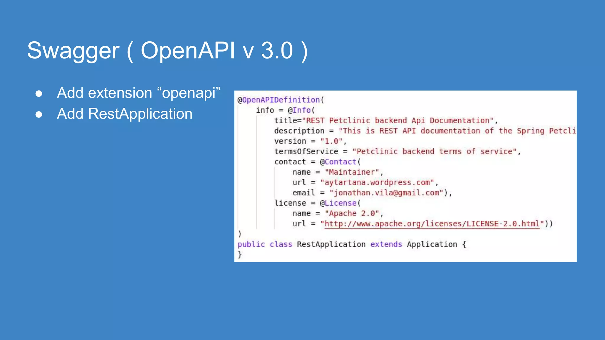 Swagger ( OpenAPI v 3.0 )
● Add extension “openapi”
● Add RestApplication
 