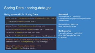 Spring Data : spring-data-jpa
Using same API for Spring Data Supported
Any interface of : Repository,
CrudRepository, PagingAndSortingRepository,
JpaRepository
Derived Query Methods
User defined Queries
Not Supported
Invocations to any method of
QueryByExampleExecutor
QueryDSL
 