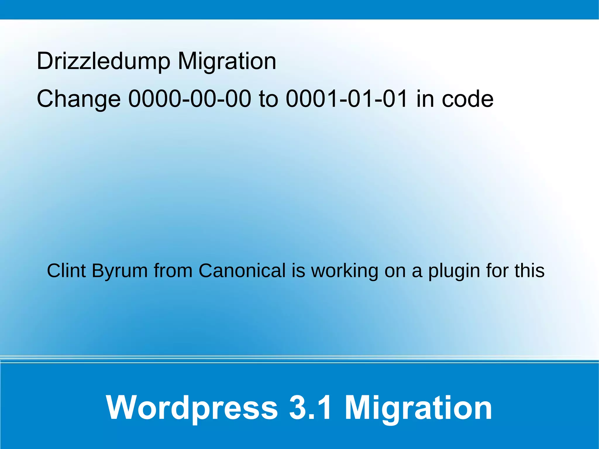 Schemas – New Types BOOLEAN Native BOOLEAN, stores in a single bit where engine supports it. drizzle> select * from t1; +------+------+ | a  | b  | +------+------+ |  1 | TRUE |  +------+------+ 1 row in set (0.000408 sec) 