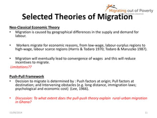 Selected Theories of Migration 
Neo-Classical Economic Theory 
• Migration is caused by geographical differences in the supply and demand for 
labour. 
• Workers migrate for economic reasons, from low-wage, labour-surplus regions to 
high-wage, labour scarce regions (Harris & Todaro 1970; Todaro & Maruszko 1987). 
• Migration will eventually lead to convergence of wages and this will reduce 
incentives to migrate. 
Limitations?? 
Push-Pull Framework 
• Decision to migrate is determined by : Push factors at origin; Pull factors at 
destination; and Intervening obstacles (e.g. long distance, immigration laws; 
psychological and economic cost) (Lee, 1966). 
• Discussion: To what extent does the pull-push theory explain rural-urban migration 
in Ghana? 
15/09/2014 11 
 