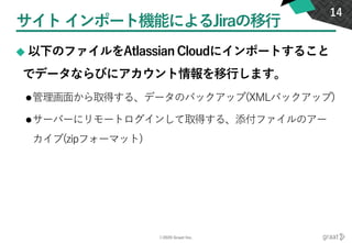 ©2020 Graat Inc.
サイトインポート機能によるJiraの移行
◆ 以下のファイルをAtlassian Cloudにインポートすること
でデータならびにアカウント情報を移行します。
⚫管理画面から取得する、データのバックアップ(XMLバックアップ)
⚫サーバーにリモートログインして取得する、添付ファイルのアー
カイブ(zipフォーマット)
14
 