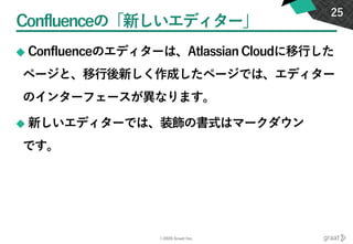 ©2020 Graat Inc.
Confluenceの「新しいエディター」
◆ Confluenceのエディターは、Atlassian Cloudに移行した
ページと、移行後新しく作成したページでは、エディター
のインターフェースが異なります。
◆ 新しいエディターでは、装飾の書式はマークダウン
です。
25
 