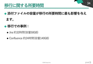 ©2020 Graat Inc.
移行に関する所要時間
◆ 添付ファイルの容量が移行の所要時間に最も影響を与え
ます。
◆ 移行での事例：
⚫ Jira 約32時間(容量50GB)
⚫ Confluence 約24時間(容量140GB)
34
 