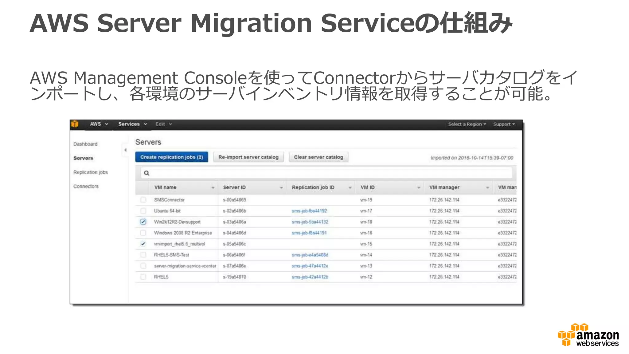 AWS Server Migration Serviceの仕組み
AWS Management Consoleを使ってConnectorからサーバカタログをイ
ンポートし、各環境のサーバインベントリ情報を取得することが可能。
 