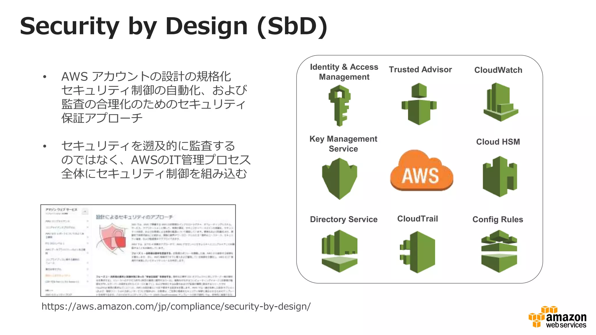 • AWS アカウントの設計の規格化
セキュリティ制御の自動化、および
監査の合理化のためのセキュリティ
保証アプローチ
• セキュリティを遡及的に監査する
のではなく、AWSのIT管理プロセス
全体にセキュリティ制御を組み込む
Identity & Access
Management
CloudTrail
CloudWatch
Config Rules
Trusted Advisor
Cloud HSMKey Management
Service
Directory Service
https://aws.amazon.com/jp/compliance/security-by-design/
Security by Design (SbD)
 