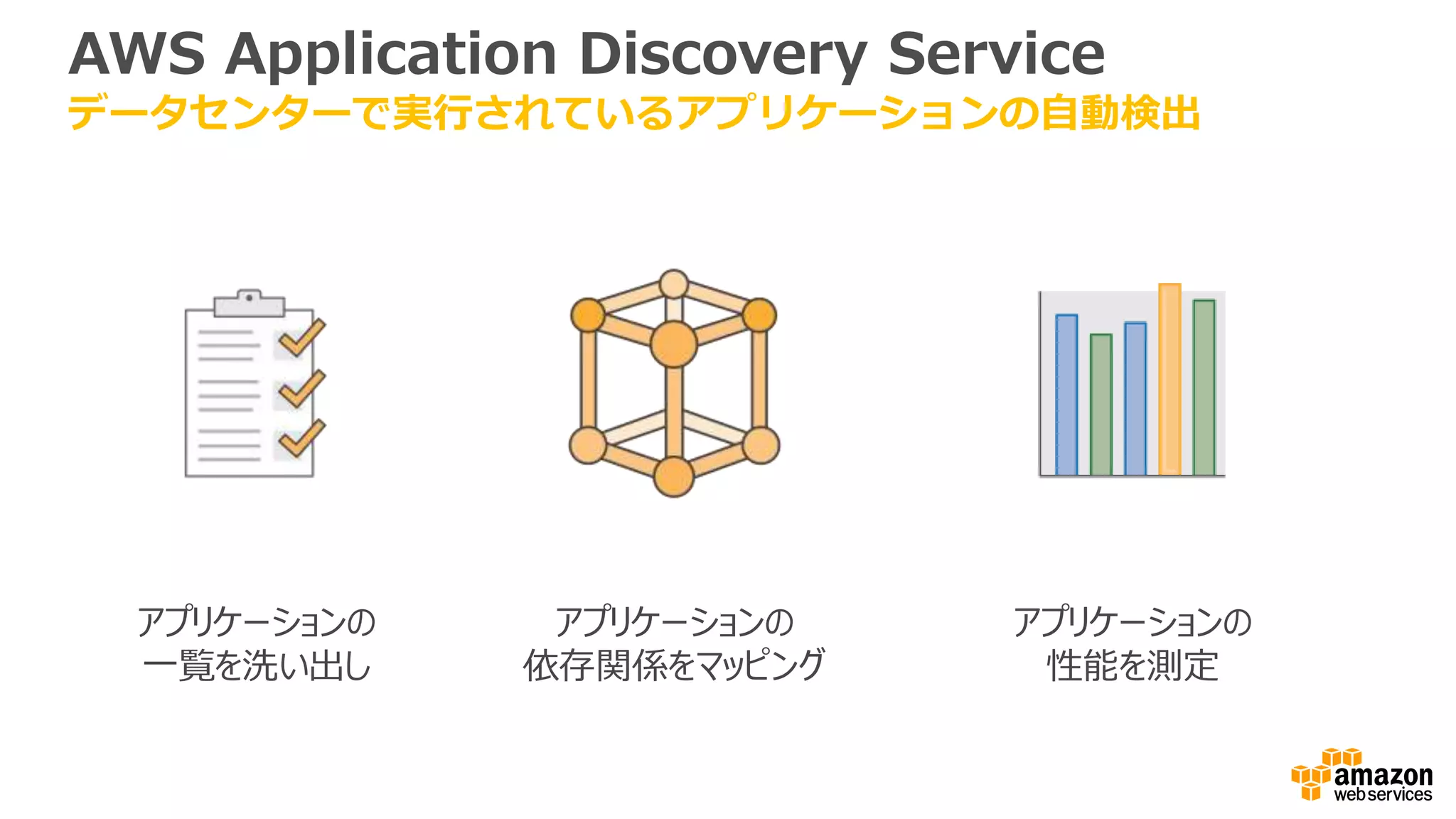 AWS Application Discovery Service
データセンターで実行されているアプリケーションの自動検出
アプリケーションの
一覧を洗い出し
アプリケーションの
依存関係をマッピング
アプリケーションの
性能を測定
 