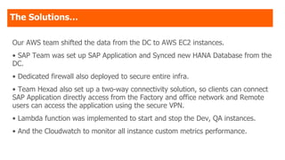 The Solutions…
Our AWS team shifted the data from the DC to AWS EC2 instances.
• SAP Team was set up SAP Application and Synced new HANA Database from the
DC.
• Dedicated firewall also deployed to secure entire infra.
• Team Hexad also set up a two-way connectivity solution, so clients can connect
SAP Application directly access from the Factory and office network and Remote
users can access the application using the secure VPN.
• Lambda function was implemented to start and stop the Dev, QA instances.
• And the Cloudwatch to monitor all instance custom metrics performance.
 