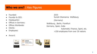 ● Founded:
● Founder & CEO:
● Headquarter:
● Offices in Germany:
● Offices Worldwide:
● Clients:
● Employees:
2010
Suresh Shamanna Wolfsburg
(Germany)
Wolfsburg , Berlin, Frankfurt
Germany, Spain, India
Automobil, Finance, Sport, etc.
>250 employees from over 30 nations
● Award:
Who we are? | Key Figures
3
 