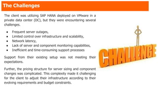 The Challenges
The client was utilizing SAP HANA deployed on VMware in a
private data center (DC), but they were encountering several
challenges.
● Frequent server outages,
● Limited control over infrastructure and scalability,
● Network latency,
● Lack of server and component monitoring capabilities,
● Inefficient and time-consuming support processes
Support from their existing setup was not meeting their
expectations.
Further, the pricing structure for server sizing and component
changes was complicated. This complexity made it challenging
for the client to adjust their infrastructure according to their
evolving requirements and budget constraints.
 