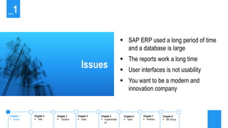 Issues
 SAP ERP used a long period of time
and a database is large
 The reports work a long time
 User interfaces is not usability
 You want to be a modern and
innovation company
_1
Chapter 1
 Issues
Chapter 2
 Task
Chapter 4
 Case
Chapter 5
 Implementati
on
Chapter 6
 Team
Chapter 7
 Partners
Chapter 8
 IBA Group
Chapter 3
 Solution
 