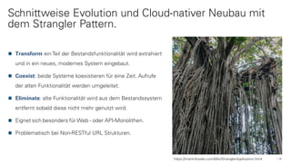 Transform: ein Teil der Bestandsfunktionalität wird extrahiert
und in ein neues, modernes System eingebaut.
Coexist: beide Systeme koexistieren für eine Zeit. Aufrufe
der alten Funktionalität werden umgeleitet.
Eliminate: alte Funktionalität wird aus dem Bestandssystem
entfernt sobald diese nicht mehr genutzt wird.
Eignet sich besonders für Web - oder API-Monolithen.
Problematisch bei Non-RESTful URL Strukturen.
Schnittweise Evolution und Cloud-nativer Neubau mit
dem Strangler Pattern.
18https://martinfowler.com/bliki/StranglerApplication.html
 
