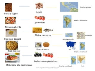 Pizza margherita
pomodoro
Polentà e baccalà
Mais e merluzzo
Riso e zucca
Riso e zucca
Melanzane alla parmigiana
Melanzane e pomodoro
Pasta e fagioli
fagioli
America meridionale
America meridionale
America meridionale
America centrale
America centrale
Scandinavia
asia
india
www.unpodichimica.wordpress.com
 