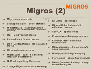 Migros (2) 
 Migros – supermarkets 
 LeShop.ch Migrol – petrol stations 
 M-electronics – electronics retail 
stores and internet music download 
service 
 OBI – Do it yourself stores 
 FitnessPark – fitness centres 
 Do it+Garden Migros – Do it yourself 
stores 
 Micasa – furniture stores 
 MigrosBank – bank (it is the fifth-largest 
in Switzerland) 
 Golfpark – public golf courses 
 Change Migros – currency exchange 
 Ex Libris – bookshops 
 Migros Klubschule – adult 
education centres 
 SportXX – sports shops 
 Eurocentres – language schools 
 Chocolat Frey – chocolate 
manufacture 
 Migros Magazin – the company's 
sales magazine 
 Hotelplan – holidays company 
 Florissimail – postal flower service 
 Monte Generoso Railway, railway 
owned by Migros 
 