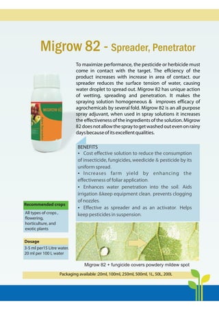 Migrow 82 - Spreader, Penetrator
To maximize performance, the pesticide or herbicide must
come in contact with the target. The effciency of the
product increases with increase in area of contact. our
spreader reduces the surface tension of water, causing
water droplet to spread out. Migrow 82 has unique action
of wetting, spreading and penetration. It makes the
spraying solution homogeneous & improves efficacy of
agrochemicals by several fold. Migrow 82 is an all purpose
spray adjuvant, when used in spray solutions it increases
the effectiveness of the ingredients of the solution. Migrow
82doesnotallowthespraytogetwashedoutevenonrainy
daysbecauseofitsexcellentqualities.
BENEFITS
?
?
?
?
Cost effective solution to reduce the consumption
of insecticide, fungicides, weedicide &pesticide by its
uniform spread.
Increases farm yield by enhancing the
effectiveness of foliar application.
Enhances water penetration into the soil.Aids
irrigation &
keep equipment clean,
prevents clogging
of nozzles.
Effective as spreader and as an activator.
Helps
keep pesticides in suspension.
Imbrb [nH m§gmRr Cn`wº
Imbrb [nH m§gmRr Cn`wº
Recommended crops
dmnaÊ`mMo à_mU
2.5-5 {_br à{V {bQ>aà_mUo.
Dosage
3-5 ml per15 Litre water.
20 ml per 100 L water
All types of crops ,
flowering,
horticulture, and
exotic plants
Packaging available :20ml, 100ml, 250ml, 500ml, 1L, 50L, 200L
Migrow 82 + fungicide covers powdery mildew spot
 