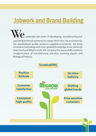 We
providing technical assistance to a large client class.
We are known for
the standardized quality products supplied consistently.
We bring
innovative technology and most updated knowledge to our clients by
sheer hard and diligent work,
the company has successfully created a
conglomeration of manufacturing activities,
covering organic and
BiologicalProducts.
undertake job-
works of developing,
manufacturing and
Jobwork and Brand Building
R
AGRO PRODUCTS
MIGROW
Consistent
high quality
Customer
Satisfaction
Positive
Attitude
Price sensitive
customers
On-time
Delivery
Sustainability
Shifting
global trends
 