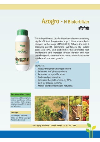 Azogro - N Biofertilizer
A°PmoJ«mo
This is liquid based bio-fertilizer formulation containing
highly efficient Azotobacter spp. It fixes atmospheric
nitrogen in the range of150-200 Kg N/ha in the soil. It
produces growth promoting substances like Indole
acetic acid (IAA) and gibberllines that promotes root
proliferation and increases rootlet density and root
branching which results the increased mineral and water
uptakeandpromotesgrowth.
Imbrb [nH m§gmRr Cn`wº
Ål] edk] xgw] tol ¼lkrw½
loZ HkkT;k o QGs-
dmnaÊ`mMo à_mU
2.5-5 {_br à{V {bQ>aà_mUo.
1 yh-@„ŒŒ yh- ik.kh izfr ,dj-
¼2&4 osGk½
BENEFITS
?
Fixes atmospheric nitrogen in soil.
?
Enhances leaf photosynthesis.
?
Promotes root proliferation.
?
Early seed germination
?
Increases the yield of crop by 30%.
?
Best for organic farming.
?
Makes plant self sufficient naturally.
Recommended crops
Dosage
2.5 -5 ml per Litre water.
Sugarcane,rubber,sorghum,
cotton, sunflower, coffee,
tea, vanilla, chilli, ginger,
potato, onion, all fruit plant
andspicesetc.
1 litre per 200 L water per
Acre(min.2-3times)
Packaging available : 250ml, 500ml, 1 L, 5L, 50L, 200L
 