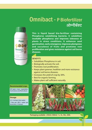 Omnibact - P Biofertilizer
BENEFITS
?
Solubilizes Phosphorus in soil.
?
Biologically activate the soil.
?
Promotes root proliferation.
?
Keeps plant greener, healthier and more resistance
against soil borne diseases.
?
Increases the yield of crop by 30%.
?
Best for organic farming.
?
Makes plant self sufficient naturally.
This is liquid based bio-fertilizer containing
Phosphorus solubilizing bacteria. It solubilizes
insoluble phosphorus and improves tolerance of
plants in stress conditions. It enhances seed
germination, early emergence, improves plumpness
and succulence of fruits and promotes root
proliferation and gives resistance against soil borne
diseases.
AmoåZr~°ŠQ
Recommended crops
All types crops, vegetables,
horticultureandfloriculture.
Dosage
2.5 -5 ml per Litre water.
1 litre per 200 L water per
Acre(min.2-3times)
Packaging available : 250ml, 500ml, 1 L, 5L, 50L, 200L
 
