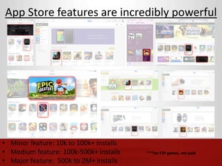 App Store features are incredibly powerful 
• Minor feature: 10k to 100k+ installs 
• Medium feature: 100k-500k+ installs 
• Major feature: 500k to 2M+ installs 
***For F2P games, not paid 
 