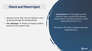 • Aqueous humor flow into the Schlemm canal
by passing through the juxtacanalikular.
• The advantage  Patency of bypass outflow
because it has a heparin layer.
• Complications  mild hyphema of the
Schlemm canal, transient IOP elevation,
corneal edema, stenting malposition, lumen
obstruction by clots or iris.
• Decrease in IOP ≥20% in patients with open
angle glaucoma.
IStentandIStentInject
 