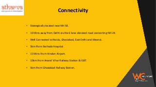 Connectivity
• Strategically located near NH 58.
• 10 Mins away from Delhi via the 6 lane elevated road connecting NH 24.
• Well Connected to Noida, Ghaziabad, East Delhi and Meerut.
• 5km From Yashoda Hospital.
• 15 Mins From Hindon Airport.
• 10km From Anand Vihar Railway Station & ISBT.
• 5km From Ghaziabad Railway Station.