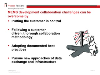 CONFIDENTIAL
Process Relations GmbH
Slide 35
MEMS development collaboration challenges can be
overcome by
 Putting the customer in control
 Following a customer
driven, thorough collaboration
methodology
 Adopting documented best
practices
 Pursue new approaches of data
exchange and infrastructure
 