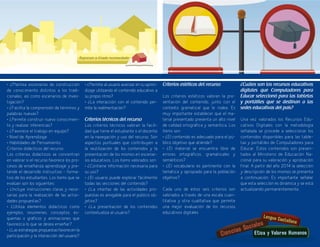 39
• ¿Plantea escenarios de construcción
de conocimiento distintos a los tradi-
cionales, así como escenarios de inves-
tigación?
• ¿Facilita la comprensión de términos y
palabras nuevas?
• ¿Permite construir nuevo conocimien-
to y realizar inferencias?
• ¿Favorece el trabajo en equipo?
• Nivel de Aprendizaje
• Habilidades de Pensamiento
Criterios didácticos del recurso
Los criterios didácticos se concentran
en valorar si el recurso favorece los pro-
cesos de enseñanza aprendizaje y pre-
tende el desarrollo instructivo - forma-
tivo de los estudiantes. Los ítems que se
evalúan son los siguientes:
• ¿Incluye instrucciones claras y nece-
sarias para la realización de las activi-
dades propuestas?
• ¿Utiliza elementos didácticos como
ejemplos, resúmenes, conceptos, es-
quemas o gráficos y animaciones que
favorezca lo que se desea enseñar?
• ¿Las estrategias propuestas favorecen la
participación y la interacción del usuario?
• ¿Permite al usuario avanzar en su apren-
dizaje utilizando el contenido educativo a
su propio ritmo?
• ¿La interacción con el contenido per-
mite la realimentación?
Criterios técnicos del recurso
Los criterios técnicos valoran la facili-
dad que tiene el estudiante o el docente
en la navegación y uso del recurso. Son
aspectos puntuales que contribuyen a
la reutilización de los contenidos y la
presentación de los mismos en escenar-
ios educativos. Los ítems valorados son:
• ¿Contiene información necesaria para
su uso?
• ¿El usuario puede explorar fácilmente
todas las secciones del contenido?
• ¿La interfaz de las actividades pro-
puestas es amigable para el público ob-
jetivo?
• ¿La presentación de los contenidos
contextualiza al usuario?
Criterios estéticos del recurso.
Los criterios estéticos valoran la pre-
sentación del contenido, junto con el
contexto gramatical que le rodea. Es
muy importante establecer que el ma-
terial presentado presenta un alto nivel
de calidad ortográfica y semántica. Los
ítems son:
• ¿El contenido es adecuado para el pú-
blico objetivo que atiende?
• ¿El material se encuentra libre de
errores ortográficos, gramaticales y
semánticos?
• ¿El vocabulario es pertinente con la
temática y apropiado para la población
objetivo?
Cada uno de estos seis criterios son
valorados a través de una escala cuan-
titativa y otra cualitativa que permite
una mejor evaluación de los recursos
educativos digitales
¿Cuáles son los recursos educativos
digitales que Computadores para
Educar seleccionó para las tabletas
y portátiles que se destinan a las
sedes educativas del país?
Una vez valorados los Recursos Edu-
cativos Digitales con la metodología
señalada se procede a seleccionar los
contenidos disponibles para las table-
tas y portátiles de Computadores para
Educar. Estos contenidos son presen-
tados al Ministerio de Educación Na-
cional para su valoración y aprobación
final. A partir del año 2014 la selección
y descripción de los mismos se presenta
a continuación. Es importante señalar
que esta selección es dinámica y se está
actualizando permanentemente.
 