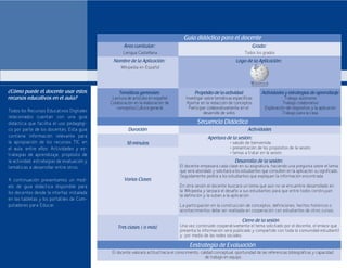 56
¿Cómo puede el docente usar estos
recursos educativos en el aula?
Todos los Recursos Educativos Digitales
relacionados cuentan con una guía
didáctica que facilita el uso pedagógi-
co por parte de los docentes. Esta guía
contiene información relevante para
la apropiación de los recursos TIC en
el aula, entre ellos: Actividades y es-
trategias de aprendizaje, propósito de
la actividad, estrategias de evaluación y
temáticas a desarrollar entre otros.
A continuación presentamos un mod-
elo de guía didáctica disponible para
los docentes desde la interfaz instalada
en las tabletas y los portátiles de Com-
putadores para Educar.
 