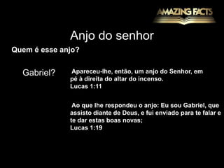 Anjo do senhorQuem é esse anjo?Gabriel? Apareceu-lhe, então, um anjo do Senhor, em pé à direita do altar do incenso.Lucas 1:11 Ao que lhe respondeu o anjo: Eu sou Gabriel, que assisto diante de Deus, e fui enviado para te falar e te dar estas boas novas;Lucas 1:19
