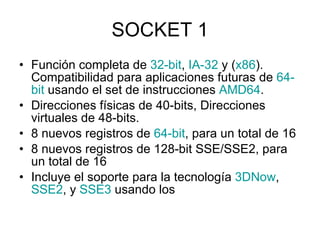 SOCKET 1 Función completa de  32- bit ,  IA-32  y ( x86 ). Compatibilidad para aplicaciones futuras de  64- bit  usando el set de instrucciones  AMD64 .  Direcciones físicas de 40-bits, Direcciones virtuales de 48-bits.  8 nuevos registros de  64- bit , para un total de 16  8 nuevos registros de 128-bit SSE/SSE2, para un total de 16  Incluye el soporte para la tecnología  3DNow ,  SSE2 , y  SSE3  usando los  