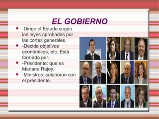 EL GOBIERNO







-Dirige el Estado según
las leyes aprobadas por
las cortes generales.
-Decide objetivos
económicos, etc. Está
formada por:
-Presidente: que es
Mariano Rajoy.
-Ministros: colaboran con
el presidente.

 