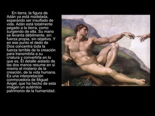 En tierra, la figura de Adán ya está modelada, esperando ser insuflado de vida. Adán está totalmente pegado a la tierra, como surgiendo de ella. Su mano se levanta débilmente, sin fuerza propia, sin objetivo. Y en ese punto el dedo de Dios concentra toda la fuerza terrible de la creación para transmitirla a su criatura y convertirla en lo que es. El detalle aislado de las dos manos resume en sí mismo el misterio de la creación, de la vida humana. Es una interpretación conmovedora de Miguel Ángel, que ha hecho de esta imagen un auténtico patrimonio de la humanidad. 