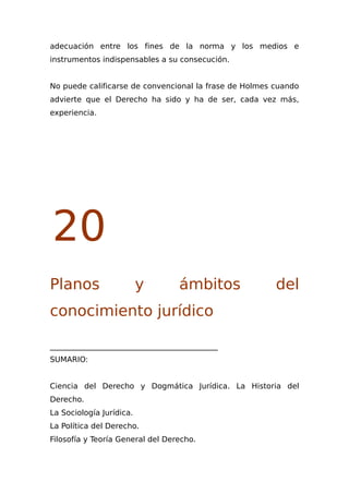 adecuación entre los fines de la norma y los medios e
instrumentos indispensables a su consecución.
No puede calificarse de convencional la frase de Holmes cuando
advierte que el Derecho ha sido y ha de ser, cada vez más,
experiencia.
20
Planos y ámbitos del
conocimiento jurídico
____________________________________________
SUMARIO:
Ciencia del Derecho y Dogmática Jurídica. La Historia del
Derecho.
La Sociología Jurídica.
La Política del Derecho.
Filosofía y Teoría General del Derecho.
 