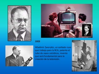 1923

Wladimir Zworykin, un exiliado ruso
que trabaja para la RCA, patenta el
tubo de rayos catódicos, invento
que será fundamental para la
creación de la televisión.
 
