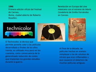 1946                                   Revelación en Europa del cine
   Primera edición oficial del Festival   mexicano con el estreno de María
   de Cannes.                             Candelaria de Emilio Fernández
   Roma, ciudad abierta de Roberto        en Cannes.
   Rosellini.




El Technicolor, la técnica que
permite ponerle color a las películas
desarrollada a finales de los años         Al final de la década, las
treinta, es utilizado muy poco en los      películas hechas en acetato
cuarenta, como consecuencia de la          remplazan a las de celulosa de
generalizada reducción de costos           nitrato que eran inflamables y
que implantan los grandes estudios         que causaron el deterioro de
durante la guerra.                         muchas películas antiguas.
 
