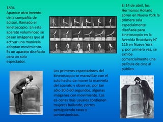 El 14 de abril, los
1894
                                                             Hermanos Holland
Aparece otro invento
                                                             abren en Nueva York la
de la compañía de
                                                             primera sala
Edison, llamado el
                                                             especialmente
kinetoscopio. En este
                                                             diseñada para
aparato voluminoso se
                                                             kinetoscopio en la
pasan imágenes que al
                                                             Avenida Broadway N°
activar una manivela
                                                             115 en Nueva York
adoptan movimiento.
                                                             y, por primera vez, se
Es un aparato diseñado
                                                             exhibe
para un solo
                                                             comercialmente una
espectador.
                                                             película de cine al
                         Los primeros espectadores del       público.
                         kinetoscopio se maravillan con el
                         solo hecho de mover la manivela
                         del aparato y observar, por tan
                         sólo 30 ó 60 segundos, algunas
                         imágenes con movimiento. Las
                         es-cenas más usuales contienen
                         mujeres bailando, perros
                         persiguiendo ratas y
                         contorsionistas.
 