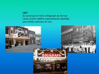 1897
Se construye en París el Biograph de Herman
Casler, primer edificio especialmente diseñado
para exhibir películas de cine.
 