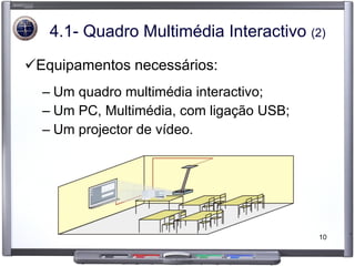 4.1- Quadro Multimédia Interactivo  (2) Equipamentos necessários: Um quadro multimédia interactivo; Um PC, Multimédia, com ligação USB; Um projector de vídeo. 