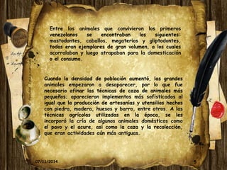 5 
Entre los animales que convivieron los primeros 
venezolanos se encontraban los siguientes: 
mastodontes, caballos, megaterios y gliptodontes, 
todos eran ejemplares de gran volumen, a los cuales 
acorralaban y luego atrapaban para la domesticación 
o el consumo. 
Cuando la densidad de población aumentó, las grandes 
animales empezaron a desaparecer, por lo que fue 
necesario afinar las técnicas de caza de animales más 
pequeños; aparecieron implementos más sofisticados al 
igual que la producción de artesanías y utensilios hechos 
con piedra, madera, huesos y barro, entre otros. A las 
técnicas agrícolas utilizadas en la época, se les 
incorporó la cría de algunos animales domésticos como 
el pavo y el acure, así como la caza y la recolección, 
que eran actividades aún más antiguas. 
07/11/2014 
 