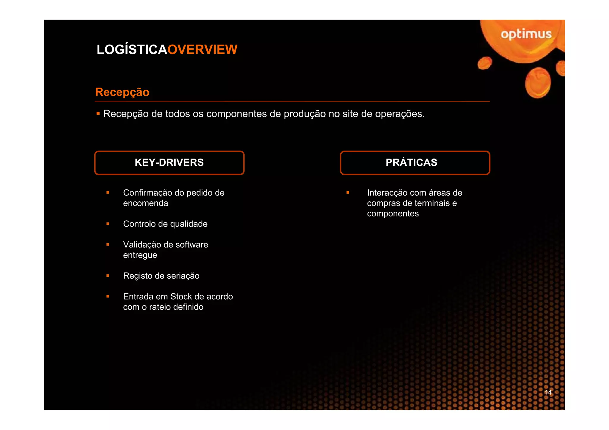 LOGÍSTICAOVERVIEW


Recepção
 Recepção de todos os componentes de produção no site de operações.



       KEY-DRIVERS                                         PRÁTICAS

     Confirmação do pedido de                          Interacção com áreas de
     encomenda                                         compras de terminais e
                                                       componentes
     Controlo de qualidade

     Validação de software
     entregue

     Registo de seriação

     Entrada em Stock de acordo
     com o rateio definido




                                                                                 14
 