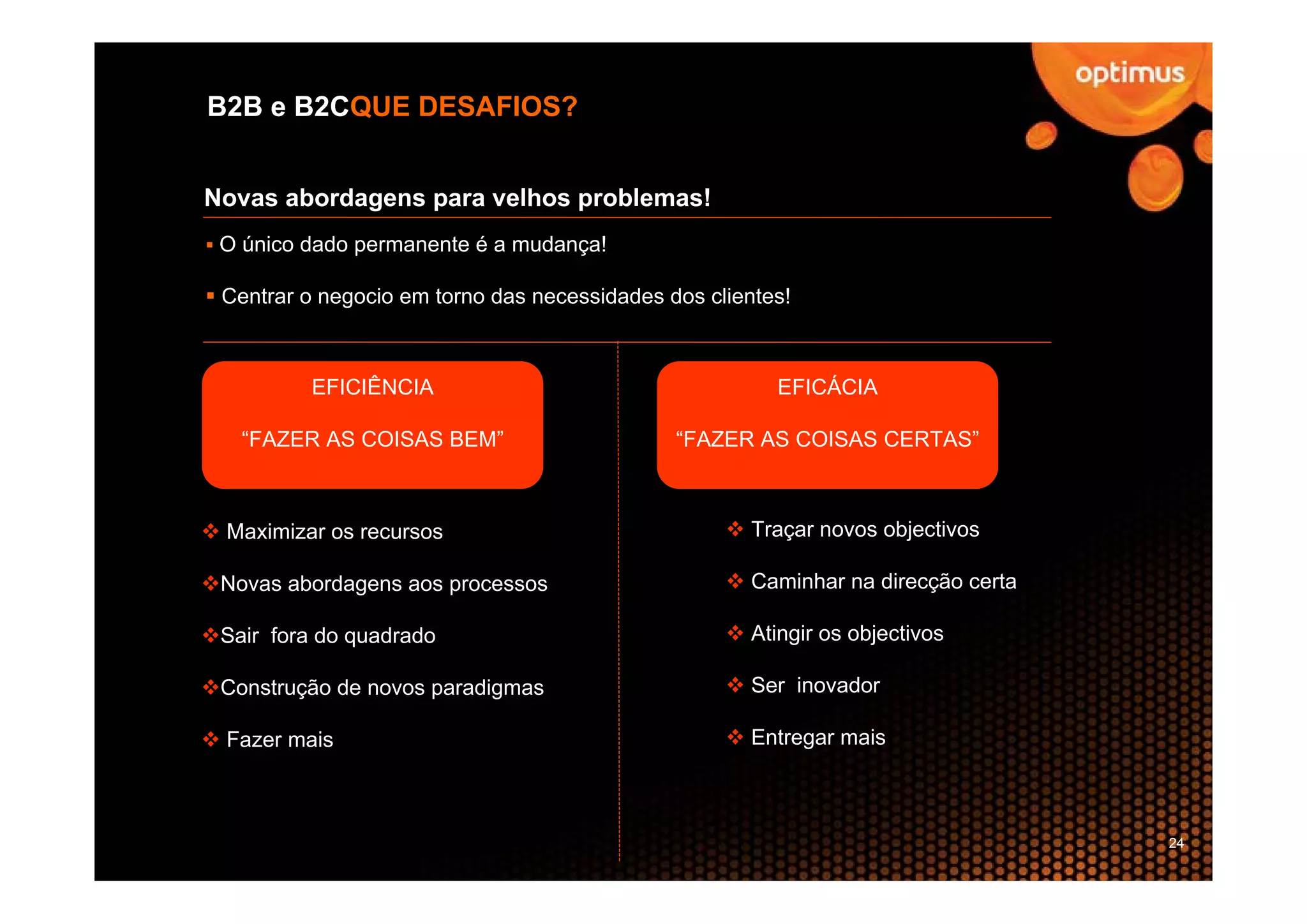 B2B e B2CQUE DESAFIOS?


Novas abordagens para velhos problemas!
 O único dado permanente é a mudança!

 Centrar o negocio em torno das necessidades dos clientes!



          EFICIÊNCIA                                    EFICÁCIA

   “FAZER AS COISAS BEM”                      “FAZER AS COISAS CERTAS”



 Maximizar os recursos                                Traçar novos objectivos

 Novas abordagens aos processos                       Caminhar na direcção certa

 Sair fora do quadrado                                Atingir os objectivos

 Construção de novos paradigmas                       Ser inovador

 Fazer mais                                           Entregar mais



                                                                                   24
 