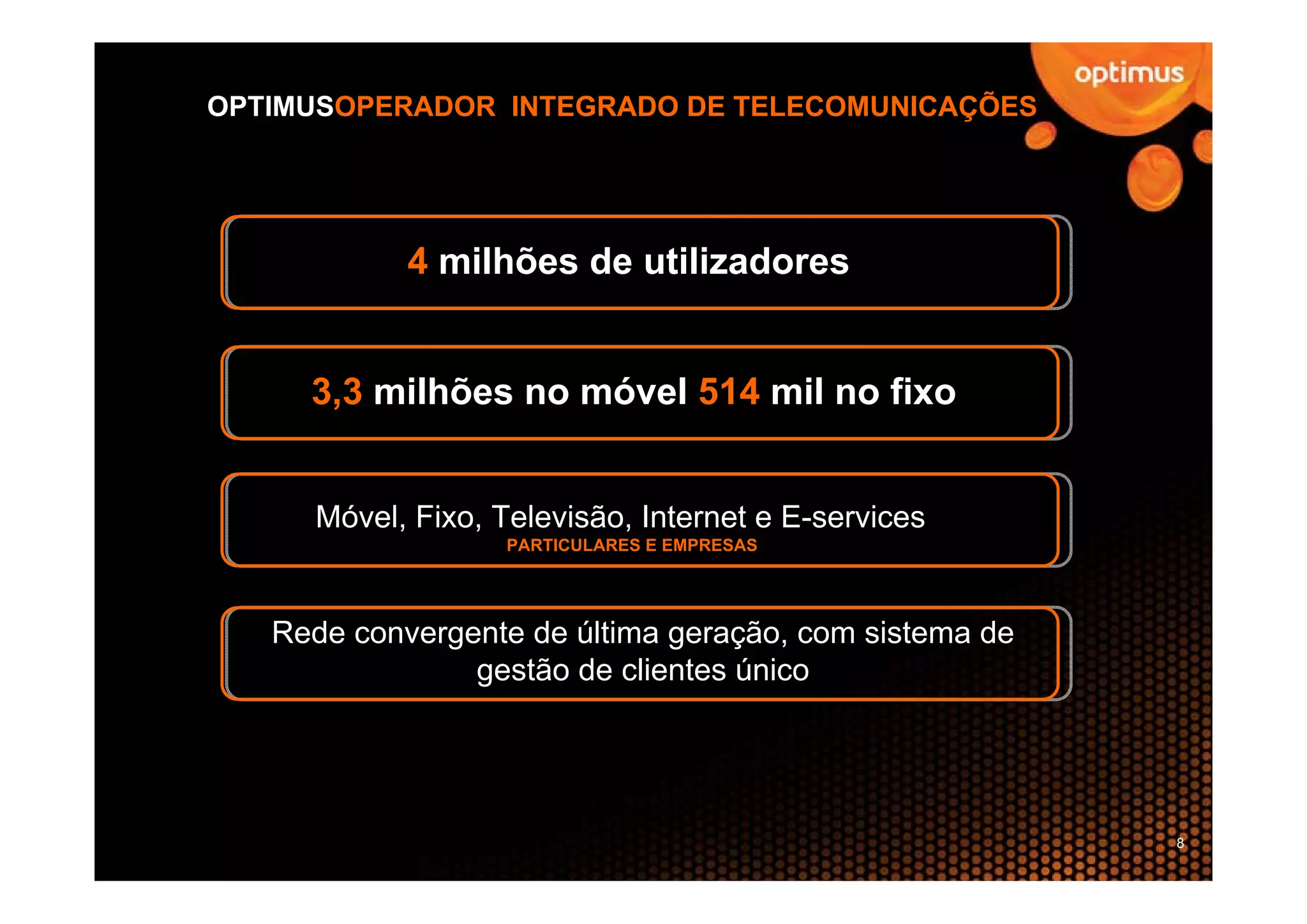 OPTIMUSOPERADOR INTEGRADO DE TELECOMUNICAÇÕES




            4 milhões de utilizadores


     3,3 milhões no móvel 514 mil no fixo


     Móvel, Fixo, Televisão, Internet e E-services
                   PARTICULARES E EMPRESAS




   Rede convergente de última geração, com sistema de
                gestão de clientes único




                                                        8
 