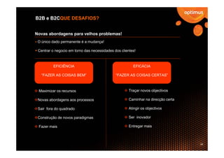 B2B e B2CQUE DESAFIOS?


Novas abordagens para velhos problemas!
 O único dado permanente é a mudança!

 Centrar o negocio em torno das necessidades dos clientes!



          EFICIÊNCIA                                    EFICÁCIA

   “FAZER AS COISAS BEM”                      “FAZER AS COISAS CERTAS”



 Maximizar os recursos                                Traçar novos objectivos

 Novas abordagens aos processos                       Caminhar na direcção certa

 Sair fora do quadrado                                Atingir os objectivos

 Construção de novos paradigmas                       Ser inovador

 Fazer mais                                           Entregar mais



                                                                                   24
 