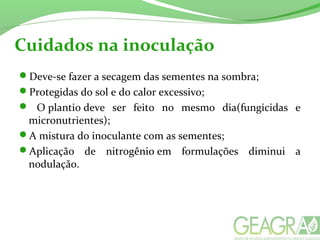 Cuidados na inoculação
Deve-se fazer a secagem das sementes na sombra;
Protegidas do sol e do calor excessivo;
 O plantio deve ser feito no mesmo dia(fungicidas e
micronutrientes);
A mistura do inoculante com as sementes;
Aplicação de nitrogênio em formulações diminui a
nodulação.
 