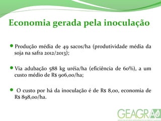 Economia gerada pela inoculação
Produção média de 49 sacos/ha (produtividade média da
soja na safra 2012/2013);
Via adubação 588 kg uréia/ha (eficiência de 60%), a um
custo médio de R$ 906,00/ha;
 O custo por há da inoculação é de R$ 8,00, economia de
R$ 898,00/ha.
 