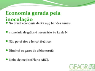 Economia gerada pela
inoculação
No Brasil economia de R$ 24,9 bilhões anuais;
1 tonelada de grãos é necessário 80 kg de N;
Não polui rios e lençol freático;
Diminui os gases de efeito estufa;
Linha de credito(Plano ABC).
 